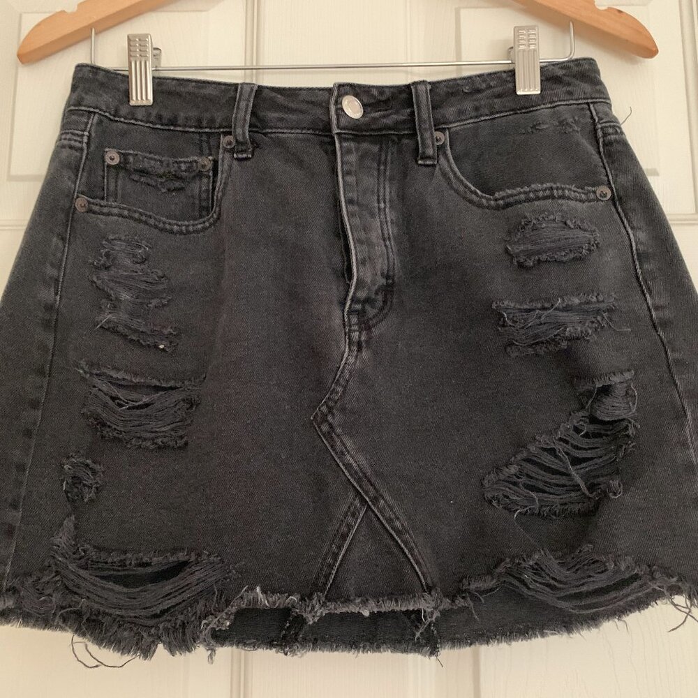 Distressed Black Denim Skirt